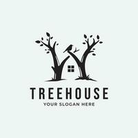 arbre maison logo icône conception modèle avec feuille et oiseau vecteur illustration