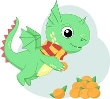 vert mignonne dragon avec mandarines, personnage, année de le dragon 2024, vacances, vecteur illustration