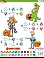 tâche d'addition et de soustraction mathématique avec des enfants à l'halloween vecteur