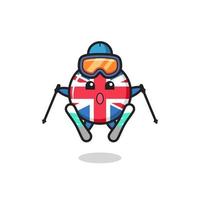 personnage de mascotte d'insigne de drapeau du royaume-uni en tant que joueur de ski vecteur