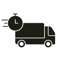 Express livraison silhouette icône. livraison temps glyphe pictogramme. vite véhicule livrer solide signe. cargaison un camion avec minuteur signe, gratuit expédition symbole. isolé vecteur illustration.