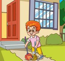 garçon nettoyage le maison avec une pelle. vecteur illustration de une dessin animé personnage.