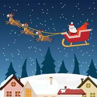 dessin animé illustration de Père Noël claus séance et en volant dans le traîneau à nuit. magique Noël nuit illustration vecteur