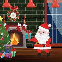 illustration de une mignonne Père Noël claus en marchant à nuit intérieur et en mettant une cadeau garçon en dessous de le Noël arbre vecteur
