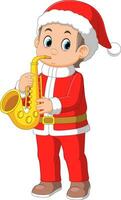 dessin animé peu garçon dans rouge Père Noël vêtements en jouant d'or trompette vecteur