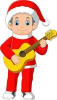 dessin animé peu garçon dans rouge Père Noël vêtements en jouant guitare vecteur