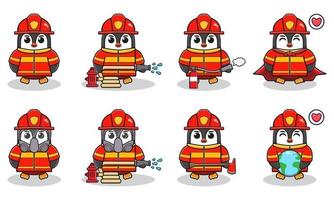 jeu de dessin animé de pompier pingouin vecteur