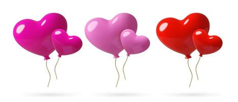 3d réaliste cœur des ballons rose, rouge et violet romantique conception éléments pour février 14 et la Saint-Valentin journée. Trois dimensionnel style vecteur objets sur blanc Contexte.