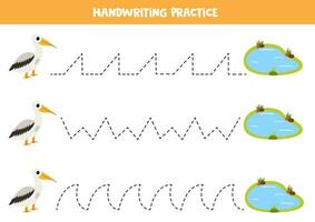 tracé lignes pour enfants. mignonne pélican et l'eau étang. écriture entraine toi. vecteur