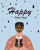 content Nouveau année salutation carte avec africain Américain. Noël carte pour impression, bannière, décoration vecteur