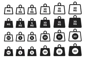 kilogramme icône ensemble de 1,5,10,15, et 20 kg. kilo poids vecteur symbole. kilo gramme panneaux dans rempli et décrit style.
