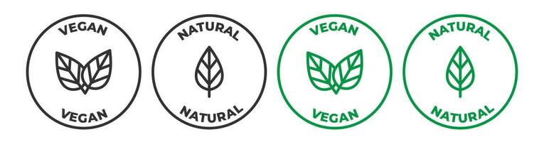 végétalien et Naturel icône ensemble. végétalien amical étiquette logo avec feuille. biologique ou la nature nourriture produit vecteur signe dans vert et noir couleur. végétarien joint ou timbre ensemble.