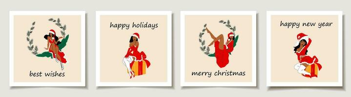 Noël vecteur cadeau carte ou étiquette ensemble les filles est habillé dans une sexy Noël robe. mignonne Dames. joyeux Noël caractères, meilleur vœux