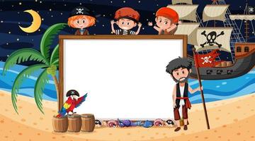 enfants pirates à la scène de nuit de plage avec un modèle de bannière vide vecteur