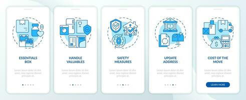 2d Icônes représentant en mouvement un service mobile app écran ensemble. procédure pas à pas 5 pas bleu graphique instructions avec mince ligne Icônes concept, interface utilisateur, ux, gui modèle. vecteur