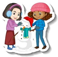 deux filles construisant un autocollant de personnage de dessin animé de bonhomme de neige vecteur
