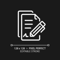 2d pixel parfait modifiable blanc Contrat icône, isolé vecteur, mince ligne document illustration. vecteur