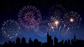 pyrotechnie et feux d'artifice en arrière-plan de la ville vecteur