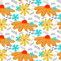 motif floral d'été dessiné à la main de vecteur isolé sur fond blanc. feuilles et fleurs de griffonnage. fond tropical de dessin animé pour la conception de mariage, l'emballage, les textiles, les cartes ornées et de voeux