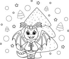coloration page. dessin animé dragon avec Noël arbre vecteur