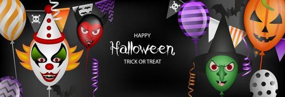 bannière joyeux halloween avec des ballons de fête, des banderoles et des fanions vecteur