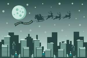 joyeux Noël Contexte avec Père Noël claus en volant sur le ciel dans traîneau avec renne à nuit avec plein lune, neige, et ville. vecteur illustration.