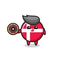 Illustration d'un personnage d'insigne du drapeau du Danemark mangeant un beignet vecteur