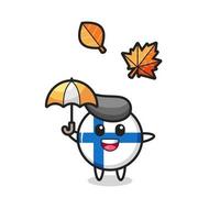 dessin animé de l'insigne du drapeau finlandais mignon tenant un parapluie en automne vecteur