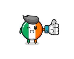 insigne mignon du drapeau de l'irlande avec le symbole du pouce levé des médias sociaux vecteur
