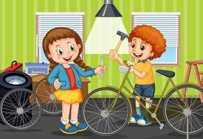 scène avec des enfants réparant un vélo ensemble vecteur