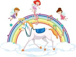 licorne et beaucoup de fées sur le nuage avec arc-en-ciel vecteur