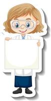 autocollant de personnage de dessin animé avec une fille scientifique tenant une bannière vide vecteur