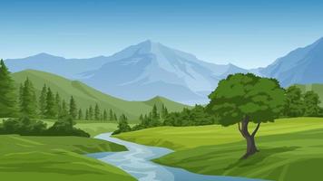 beau paysage de montagne avec rivière et forêt vecteur