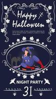 invitation d'étiquette vintage pour la sorcière d'halloween avec un chat dans un cadre vecteur