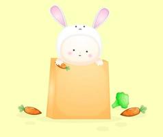 bébé mignon en costume de lapin à l'intérieur d'un sac en papier. illustration de dessin animé vecteur