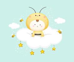 bébé mignon en costume d'abeille sur le nuage. illustration de dessin animé de mascotte vecteur