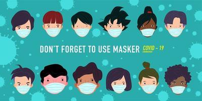un groupe de personnes utilisant un masque pour prévenir le virus corona vecteur