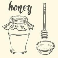 croquis de pot de miel cuillère et bol vector illustration vintage