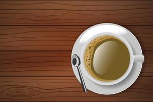 vue de dessus de la tasse à café blanche avec assiette et cuillère sur table en bois vecteur