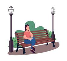 Femme assise sur un banc dans le parc caractère vecteur de couleur semi plat