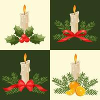 Noël carte qui consiste de une ensemble de différent conceptions. bougie décoré avec sapin branches, rouge ruban, des oranges, baies et houx feuilles, flocons de neige sur une vert Contexte. Nouveau année salutation carte. vecteur