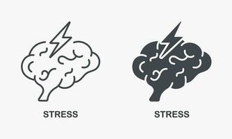 Humain cerveau avec foudre mal de tête, anxiété et tension symbole collection. stress, mental problème silhouette et ligne icône ensemble. migraine, céphalée, dépression. isolé vecteur illustration.