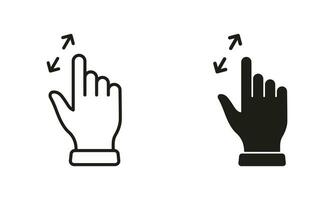 Zoom geste par main doigt ligne et silhouette noir icône ensemble. agrandir filtrer, tourner écran pictogramme. geste faire glisser en haut et vers le bas symbole collection. isolé vecteur illustration.