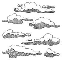 esquisser collection de des nuages dans main tiré isolé sur blanc Contexte. vecteur illustration.
