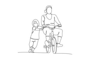 continu un ligne dessin content Parents avec sa enfant équitation bicyclette ensemble. vecteur illustration.