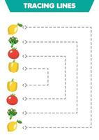 entraine toi de écriture des légumes. dessin lignes pour enfants d'âge préscolaire. vecteur