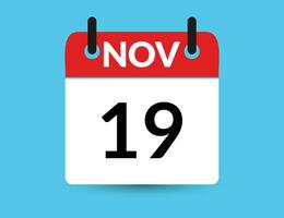 novembre 19. plat icône calendrier isolé sur bleu Contexte. Date et mois vecteur illustration