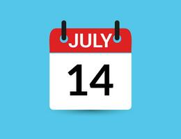 juillet 14. plat icône calendrier isolé sur bleu Contexte. Date et mois vecteur illustration