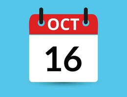 octobre 16. plat icône calendrier isolé sur bleu Contexte. Date et mois vecteur illustration
