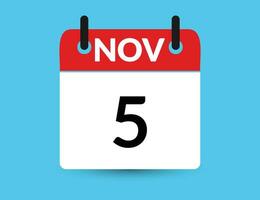 novembre 5. plat icône calendrier isolé sur bleu Contexte. Date et mois vecteur illustration